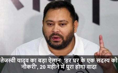 Bihar Elections 2025:तेजस्वी यादव का बड़ा ऐलान: 'हर घर के एक सदस्य को नौकरी', 20 महीने में पूरा होगा वादा