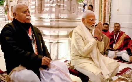 Ram Mandir Ayodhya:मोदी-भागवत ने पहली बार राम दरबार की पूजा की, रामलला के लिए वस्त्र-चंवर लेकर पहुंचे पीएम